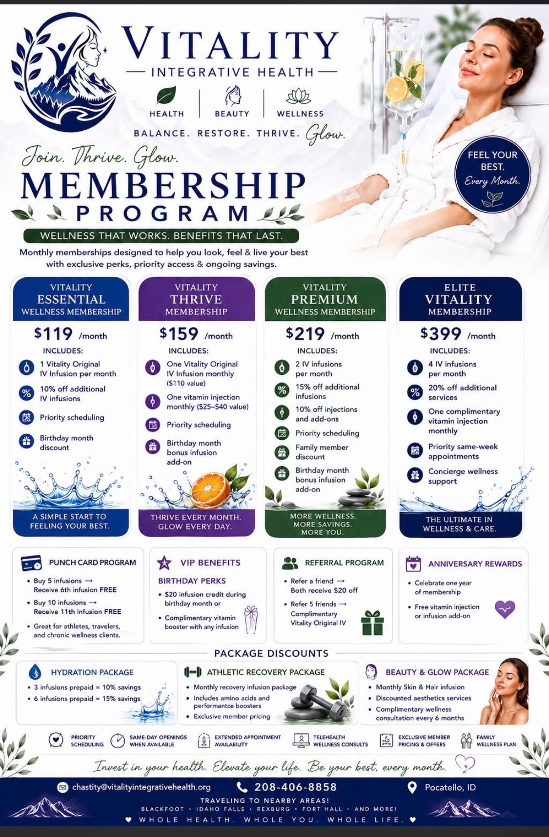 Vitality Integrative Health Membership Program — Essential $119/mo, Thrive $159/mo, Premium $219/mo, Elite $399/mo, plus punch card, VIP, referral, anniversary rewards and package discounts